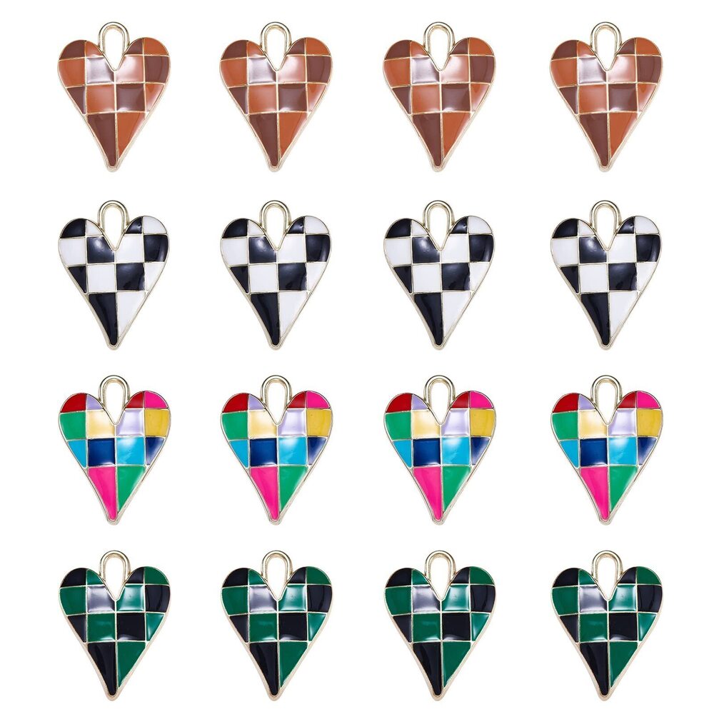 9390 20Pcs Checkerboard Heart Alloy Enamel Charm Pendants Love Ornaments